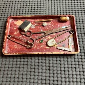 Vintage Tray with Hair Scissors, Key Tag, Pin, Tiny Bible & Dice.
